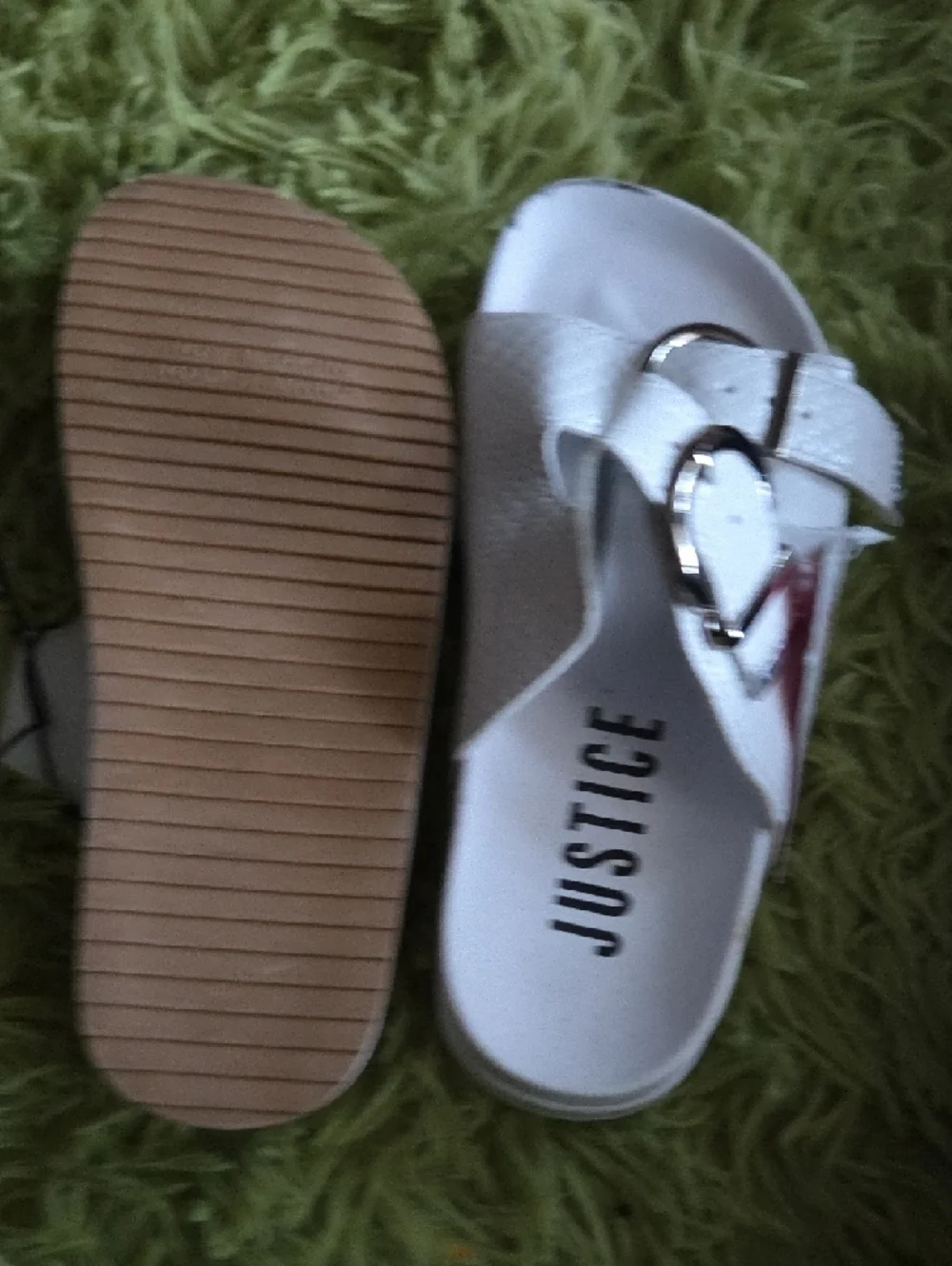 Justice White Girls' Double‎ Buckle Slide Sandals with Silver Hardware
